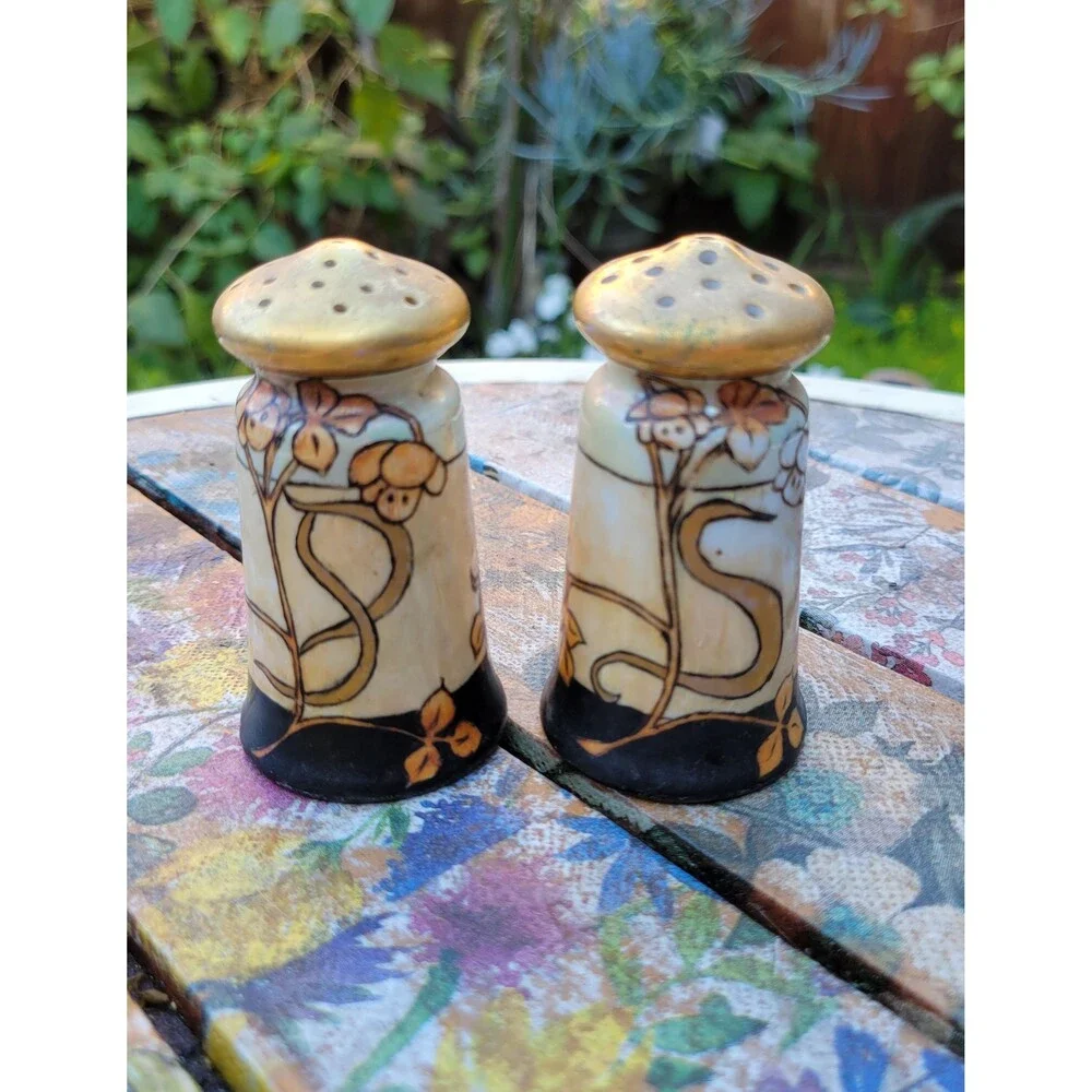 Art Nouveau 1920s Hand-Painted Porcelain Salt & Pepper Shakers - Gilded Gold Top